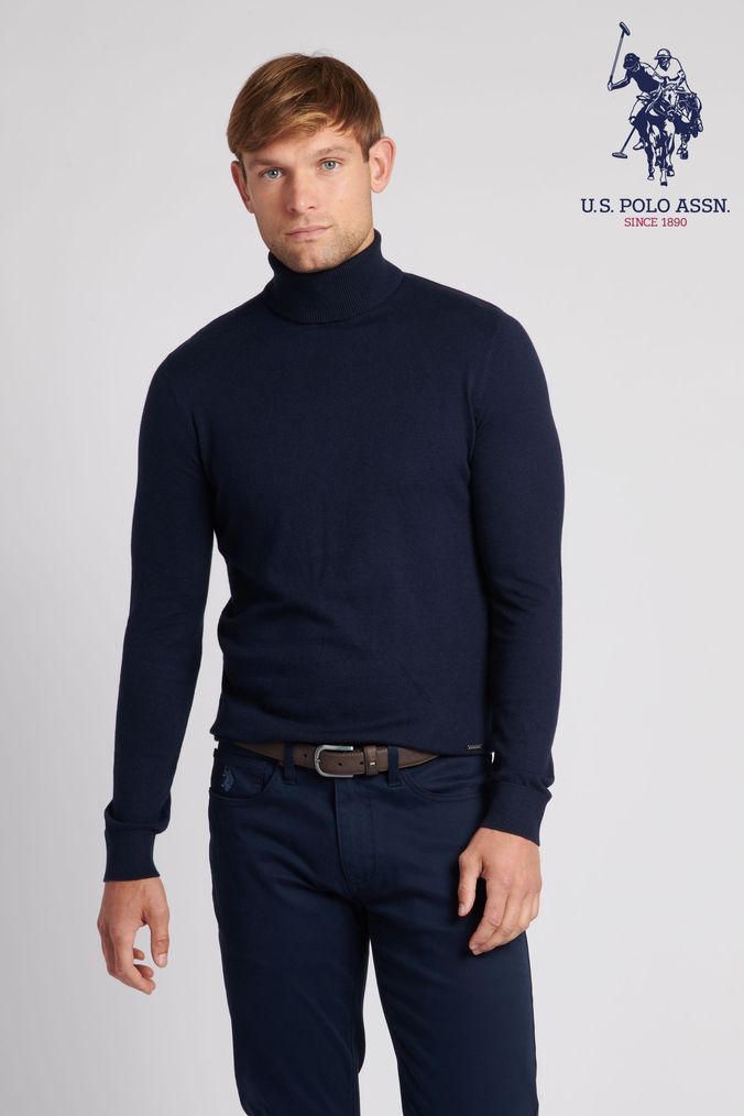 Navy roll neck jumper mens top