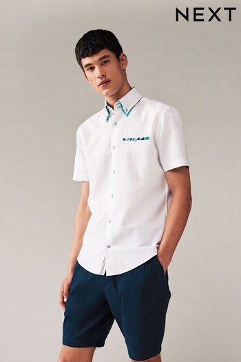 White Double Collar Regular Fit Trimmed Linen Blend Short Sleeve Shirt (585539) | £32