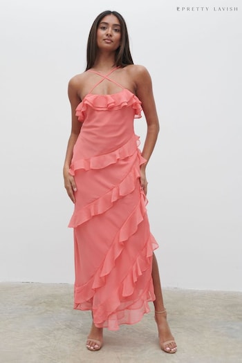 Pretty Lavish Deep Coral Aryana Ruffle Midaxi Dress (585673) | £75