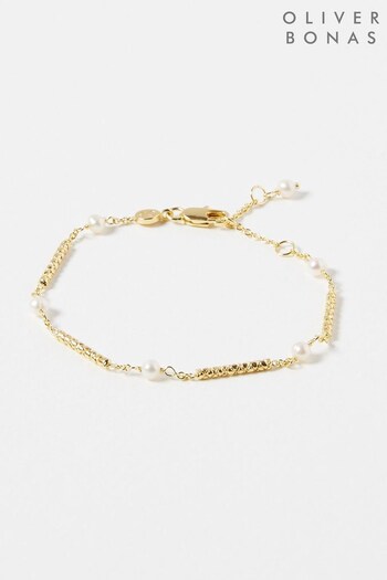 Oliver Bonas Gaia Bar & Pearl Section Y Drop Gold Plated White Bracelet (585950) | £42
