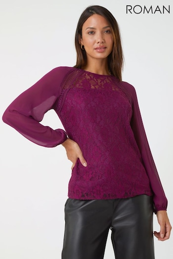 Roman Purple Lace Chiffon Sleeve Top (586151) | £36
