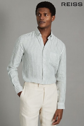 Reiss Sage Bengal Stripe Queens Linen Button-Down Collar Shirt (586775) | £110