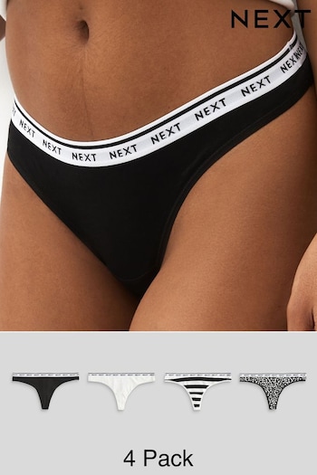 White/Black Printed Thong Cotton Rich Logo Knickers 4 Pack (587828) | £17