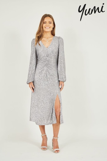 Yumi Silver Sequin Ruched Front Long Sleeve Midi Dress (587836) | £70