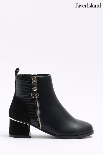 River Island Black Side Zip Girls Mix Heeled Boots Pay (587965) | £32