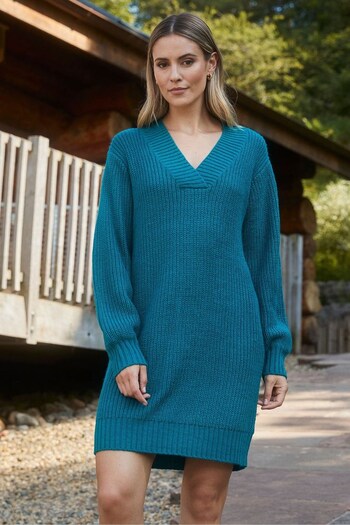 Threadbare Teal V-Neck Knitted Jumper Dress (590011) | £30