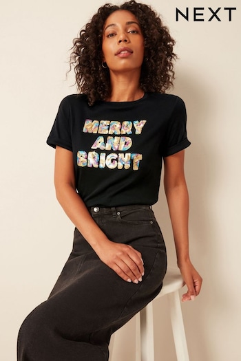 Merry and Bright Sequin Embellished Christmas T-Shirt (590418) | £17