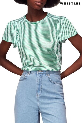 Whistles Green Cotton Frill Stripe T-Shirt (590992) | £22