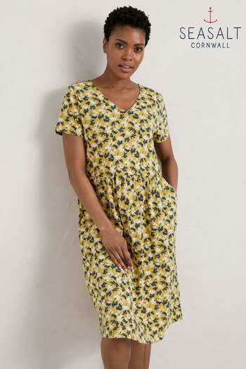 Seasalt Cornwall Yellow Brush Drawing V-Neck Jersey Dress (591576) | £60
