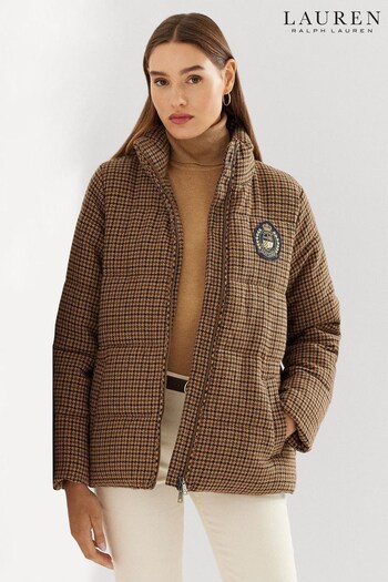 Lauren Ralph Lauren Tan Brown Houndstooth Crest-Patch Puffer Coat (591792) | £319