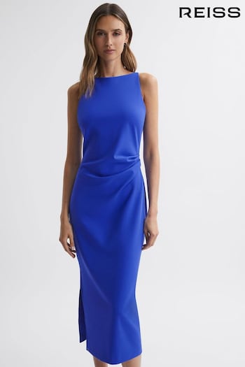 Reiss Blue Scarlett Bodycon Boat Neck Midi Dress (592277) | £378