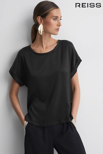 Reiss Black Helen Silk Front Crew Neck T-Shirt (592469) | £118