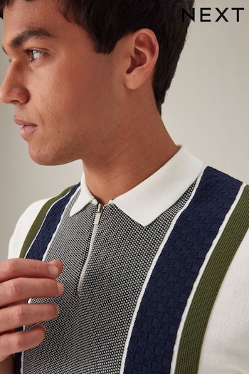 White Knitted Stripe Regular Fit Polo Shirt (592519) | £30