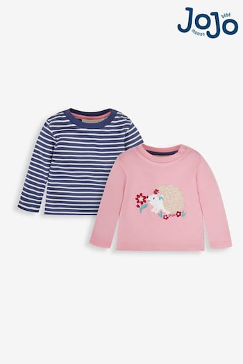 JoJo Maman Bébé Pink Hedgehog 2-Pack Appliqué & Stripe Baby Tops (593249) | £13