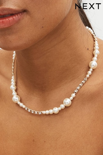 Gold Tone Diamanté And Pearl T-Bar Necklace (593525) | £14