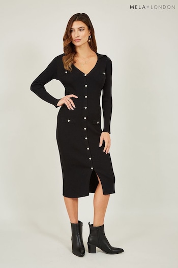 Mela Black Knitted Fitted Midi Dress With Buttons (593723) | £40