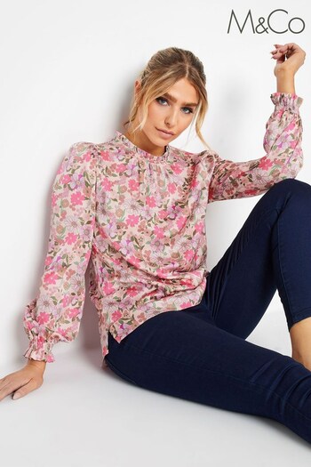 M&Co Pink Floral Long Sleeve Frill Neck Blouse (593924) | £25