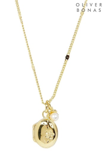 Oliver Bonas Gold Tone Bailey Oval Engraved Locket & Pearl Flower Plated Pendant Necklace (594760) | £65