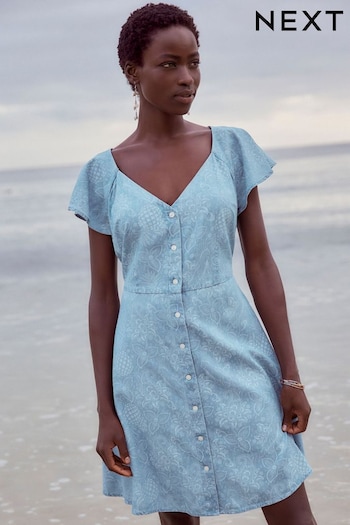 Blue Floral Print Denim TENCEL™ Mini Tea Hyde Dress (594934) | £38
