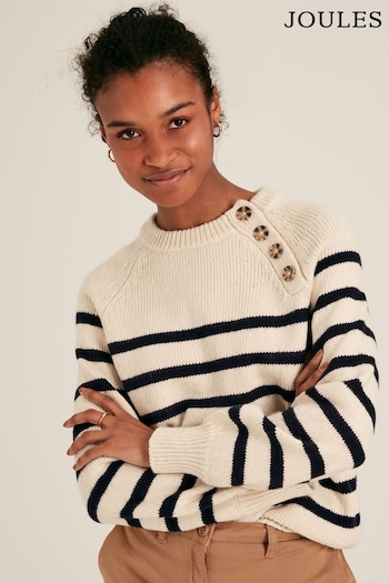 Joules Agnes Cream & Navy Striped Button Neck Jumper (596181) | £69.95