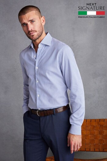 White/Navy Blue Stripe Regular Fit Single Cuff Signature Italian Fabric Shirt (596425) | £55