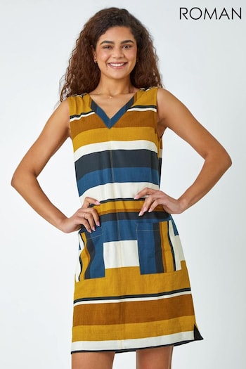 Roman Brown Striped Cotton Blend Shift Dress (596859) | £38