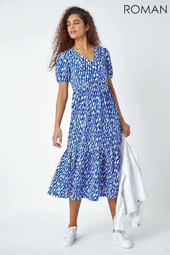Roman Blue Abstract Frill Hem Midi Stretch Dress (597025) | £42