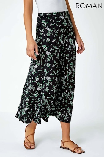 Roman Green Floral Leaf Stretch Jersey Midi Skirt (597078) | £32