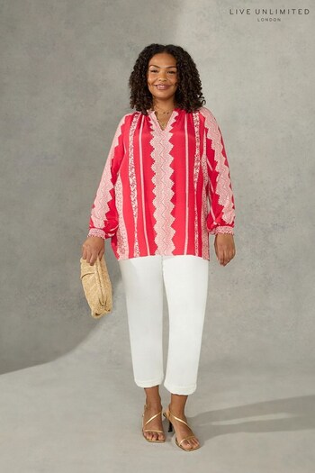 Live Unlimited Red Batik Stripe Placement Print Blouse With Shirred Cuffs (597527) | £59