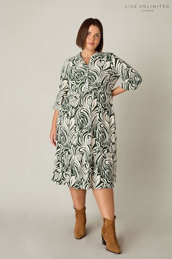 Live Unlimited Curve Green Abstract Print Button Through Shirt Dress (597604) | £79