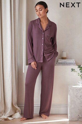 Mauve Purple Ribbed Button Through Pyjamas (598072) | £36
