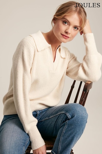 Joules Evangeline Cream Ribbed Jumper with Crochet Collar (598738) | £69.95