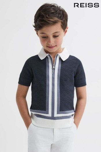 Reiss Eclipse Blue/White London Junior Cotton Knitted Half-Zip Polo T-Shirt (599304) | £38