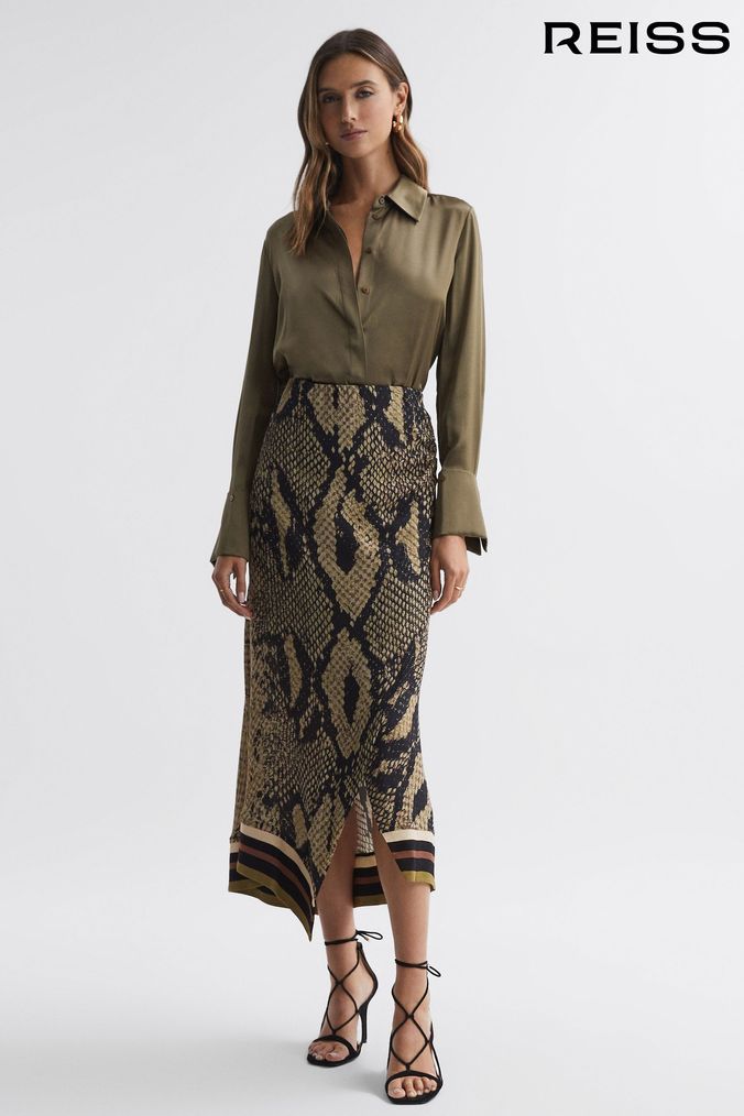 Reiss Brown Daria Snake Print Midi Skirt (599758) | £158