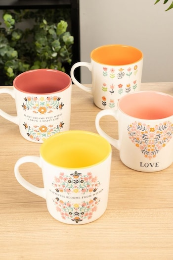 SIIP Set of 4 Pink Folk floral Mugs (5F6166) | £32