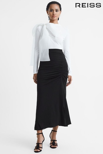 Reiss Black Eleanor High Rise Ruched Fitted Midi Skirt (600412) | £158