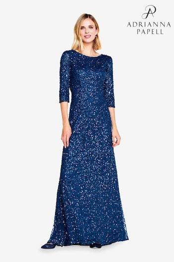 Adrianna Papell Blue 3/4 Sleeve Beaded Mermaid Gown (600607) | £349