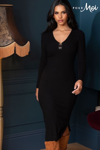 Pour Moi Black Layla Rib Knit V-Neck Bodycon Midi Dress (601907) | £55