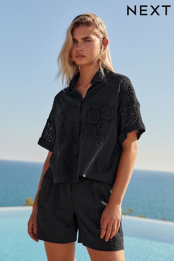 Black Broderie Mix Short Sleeve Shirt (601931) | £32