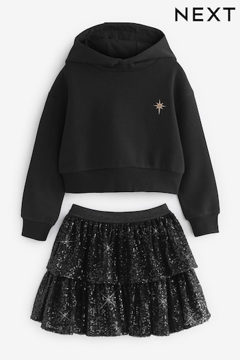Black Cropped Hoodie With Tiered Sequin Skirt Set (3-16yrs) (602435) | £30 - £36