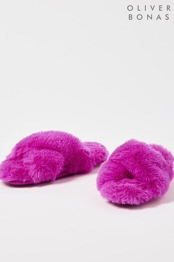 Oliver Bonas Pink Faux Fur Crossover Fuchsia Pink Slippers (602574) | £28