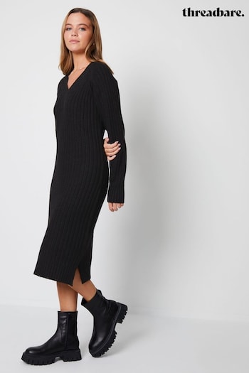 Threadbare Black V-Neck Knitted Midi Dress (602679) | £35