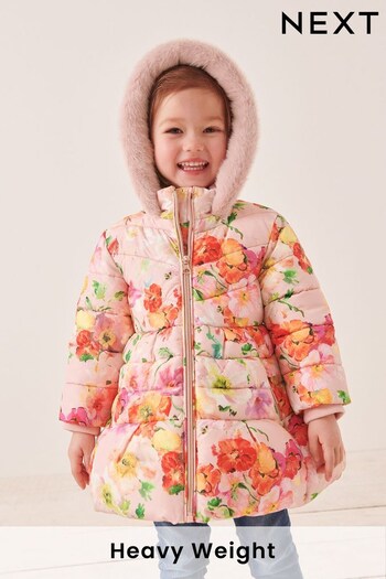 Pink Floral Shower Resistant Printed Skirted Padded Coat (12mths-7yrs) (603790) | £33 - £37