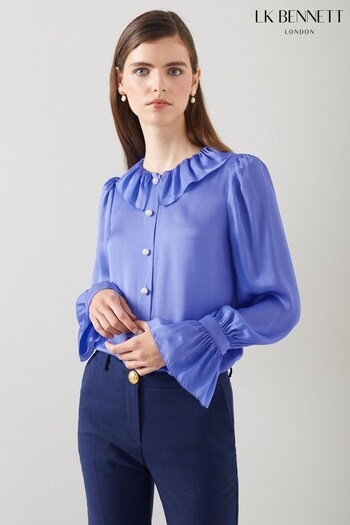 LK Bennett Blue Farrow Silk Ruffle Collar Blouse (604854) | £239
