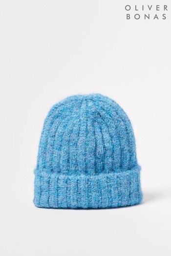 Oliver Bonas Blue Ribbed Fluffy Wool Hat (605039) | £22