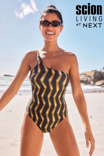 Black/Tan/Ecru Scion Rayo One Shoulder Tummy Control Swimsuit (605484) | £40