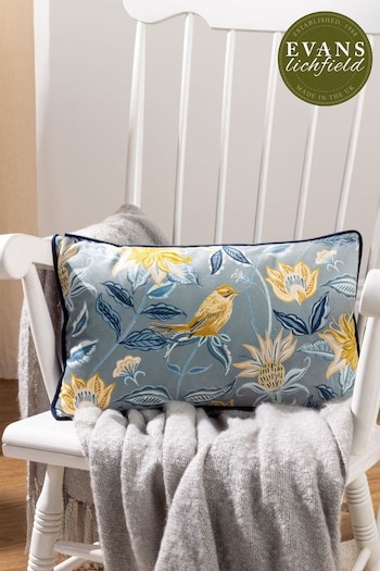Evans Lichfield Blue Chatsworth Aviary Country Floral Piped Cushion (607082) | £25