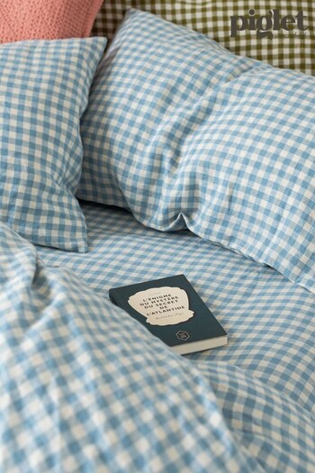 Piglet in Bed Warm Blue Gingham Set of 2 Linen Pillowcases (607187) | £49