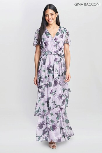 Gina Bacconi Purple Ruby Printed Tiered Maxi Dress With Belt (607429) | £280
