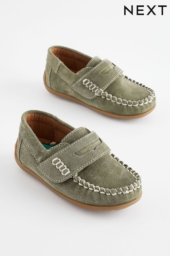 Sage Green Standard Fit (F) Leather Penny Loafers with Touch and Close Fastening (608117) | £26 - £30